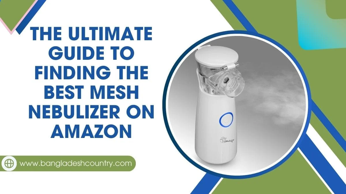 A white portable mesh nebulizer emitting mist, with the title text 'THE ULTIMATE GUIDE TO FINDING THE BEST MESH NEBULIZER ON AMAZON'.