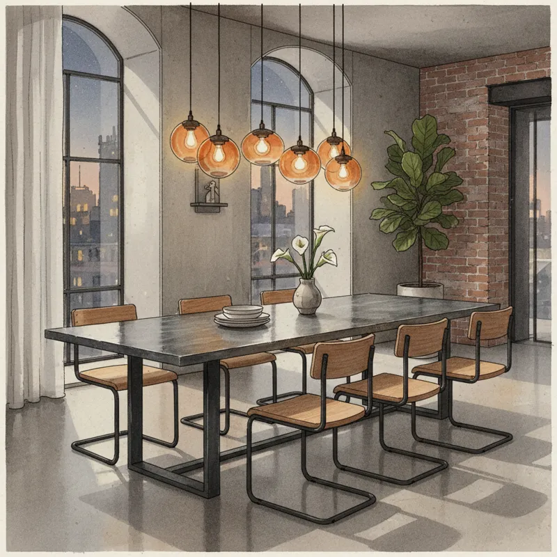 A stylish dining room featuring a sleek, industrial-chic metal top dining room table with minimalist chairs and warm lighting.