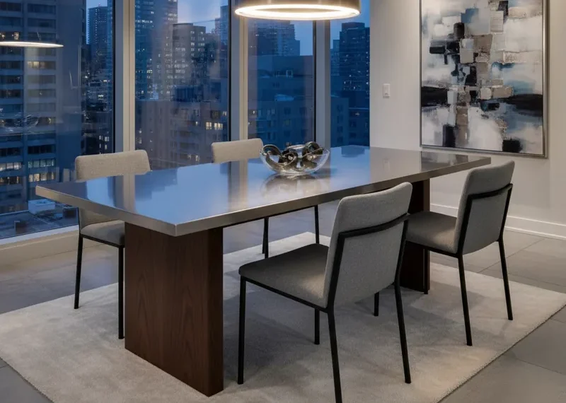 Sleek metal top dining room table with a modern design, suitable for contemporary dining spaces.