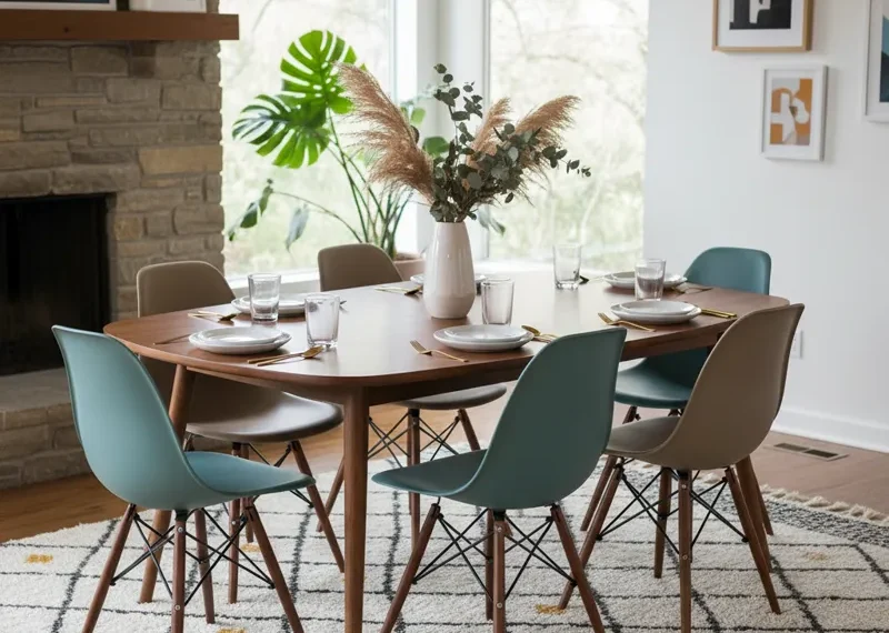 Walnut mid-century modern dining table with a rectangular top and tapered legs, designed to comfortably seat 8 people, set in a contemporary dining room.