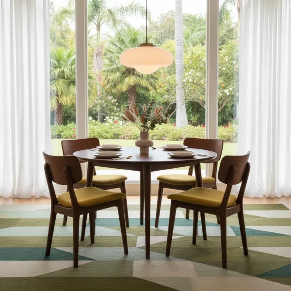 Mid century modern round dining table made of solid wood, featuring tapered legs and a smooth, minimalist design, perfect for a vintage-inspired dining room.
