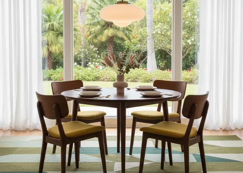 Mid century modern round dining table made of solid wood, featuring tapered legs and a smooth, minimalist design, perfect for a vintage-inspired dining room.