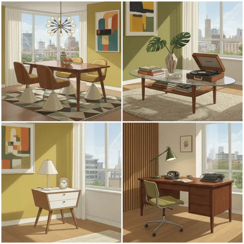 A visual montage showcasing different types of mid-century tables: a chic dining table with chairs, a low coffee table adorned with period-appropriate