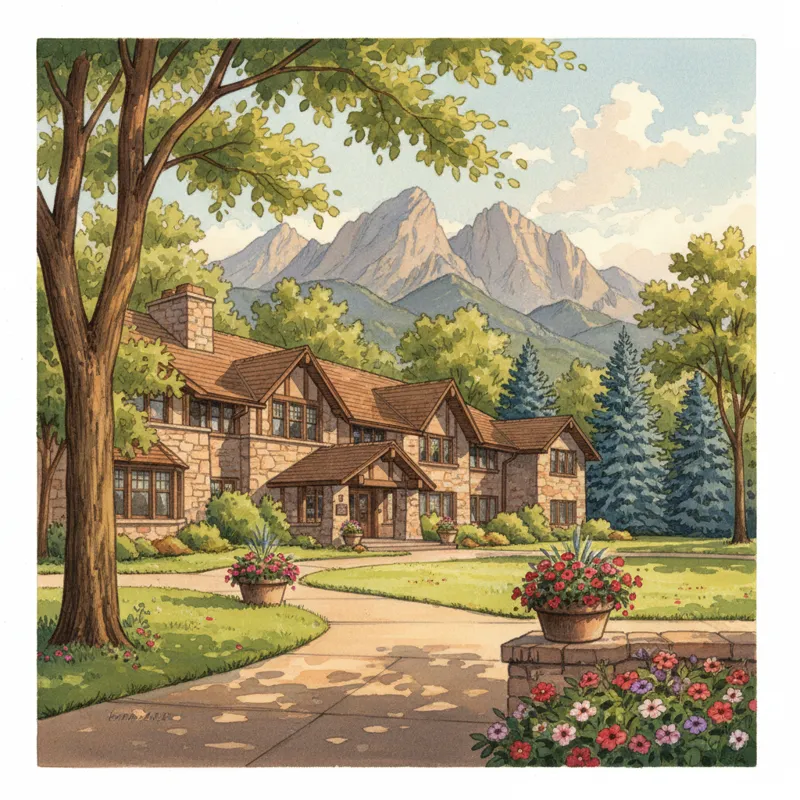 An inviting, sun-drenched exterior shot of the Millennium Harvest House Boulder, showing its distinctive architecture, possibly with mature trees and
