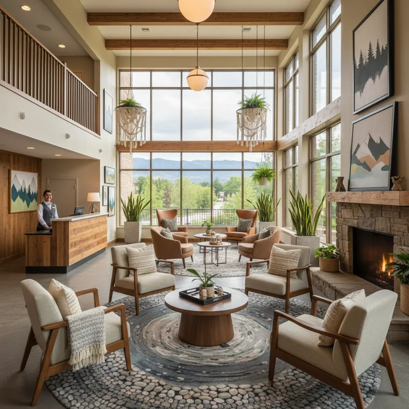 A wide-angle interior photo showcasing a refreshed and inviting lobby or common area of the Millennium Harvest House Boulder, with comfortable seating