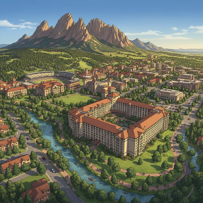 An aerial or high-angle shot highlighting the Millennium Harvest House Boulder's prime location, showing its proximity to the CU Boulder campus, Bould