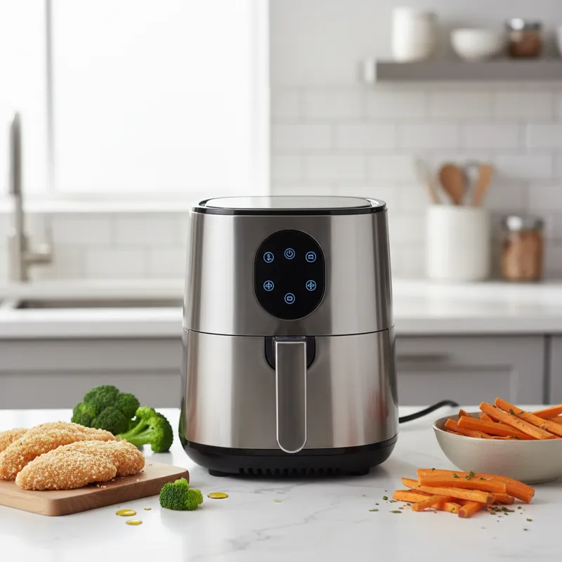 A sleek, modern mini air fryer on a clean kitchen counter, surrounded by fresh ingredients like broccoli, chicken tenders, and sweet potato fries, hig