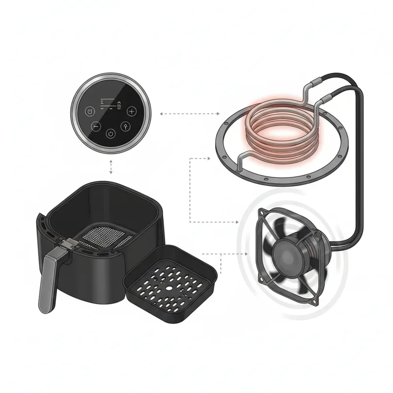 A collage of different mini air fryer parts: a control panel, a non-stick basket, a heating element, and a fan, illustrating key features and componen