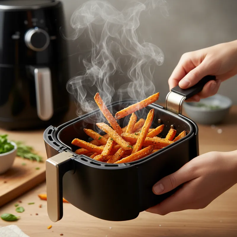 A person gently shaking a mini air fryer basket filled with perfectly crispy sweet potato fries, with steam rising, demonstrating active cooking.