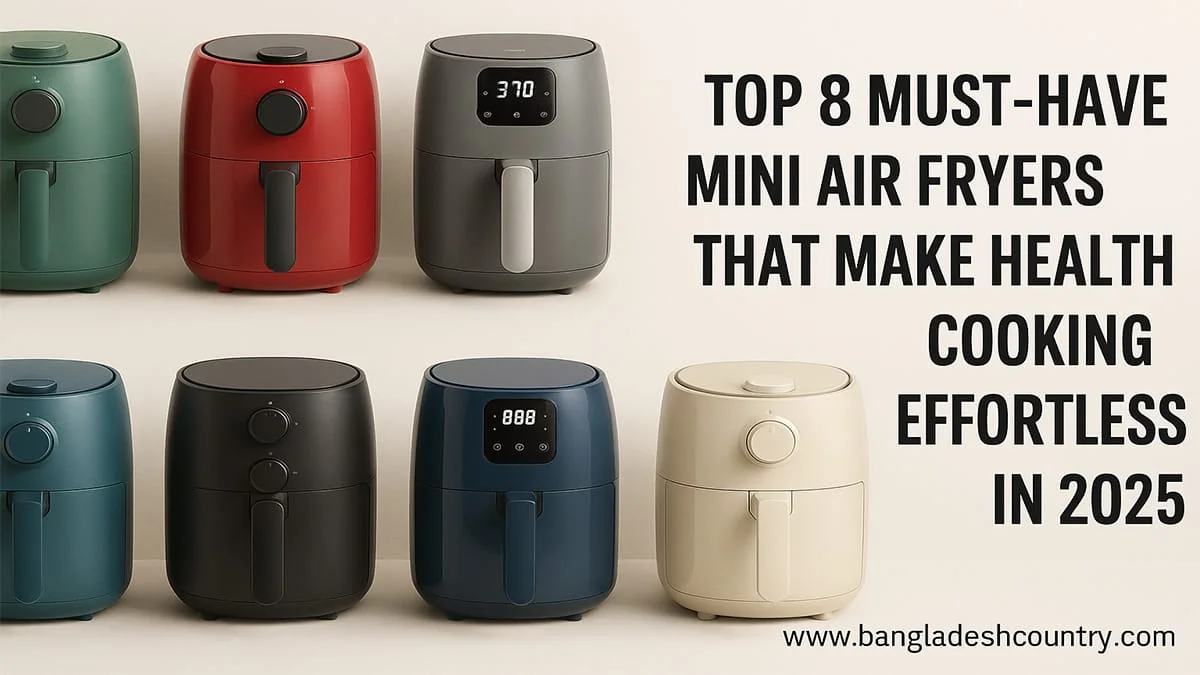 Eight colorful mini air fryers displayed on a light background, featuring different models in green, red, gray, blue, black, and beige, some with digital displays and others with control knobs. The text overlay reads 'TOP 8 MUST-HAVE MINI AIR FRYERS THAT MAKE HEALTH COOKING EFFORTLESS IN 2025'.