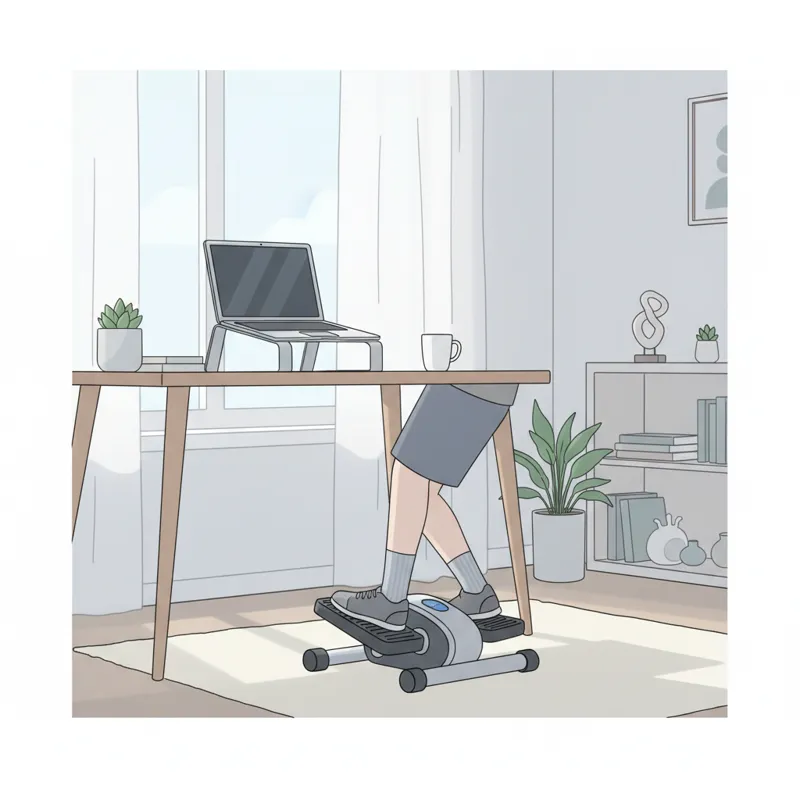A sleek, modern mini stepper placed unobtrusively under a home office desk, with a person's feet on the pedals, suggesting multi-tasking and compact f