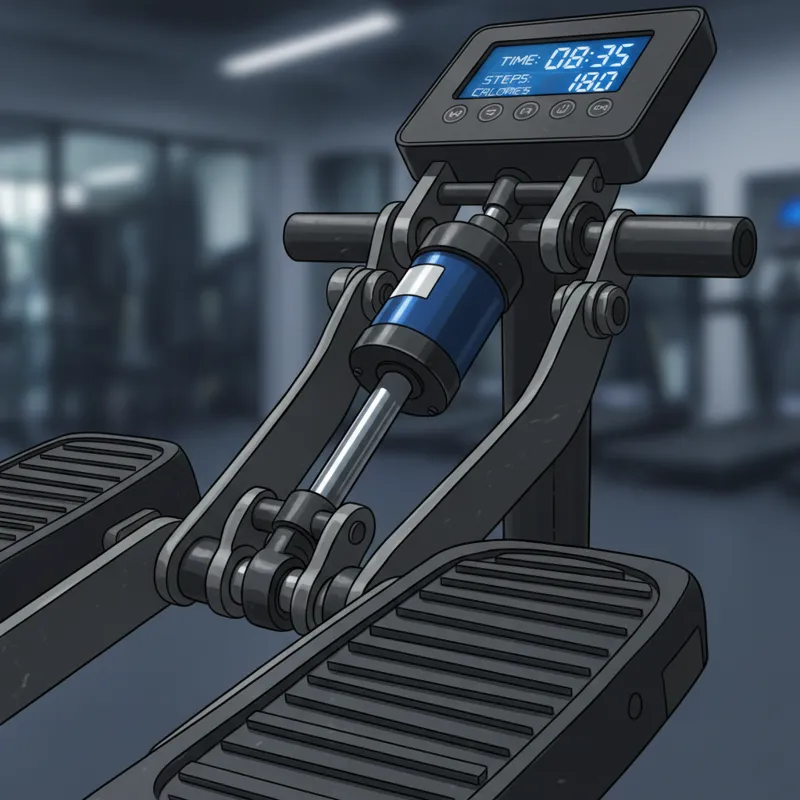 A close-up shot of the hydraulic piston mechanism on a mini stepper, highlighting robust construction and fluid movement, with a digital display scree