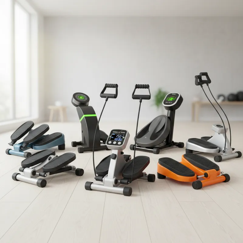A collection of seven diverse mini steppers, arranged aesthetically, each showcasing different features like displays, resistance bands, and distinct