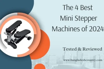 A Kettler mini stepper machine shown on a promotional banner with the title 'The 4 Best Mini Stepper Machines of 2024 - Tested & Reviewed', against a light blue background with a city skyline silhouette.