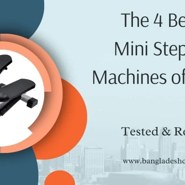 A Kettler mini stepper machine shown on a promotional banner with the title 'The 4 Best Mini Stepper Machines of 2024 - Tested & Reviewed', against a light blue background with a city skyline silhouette.