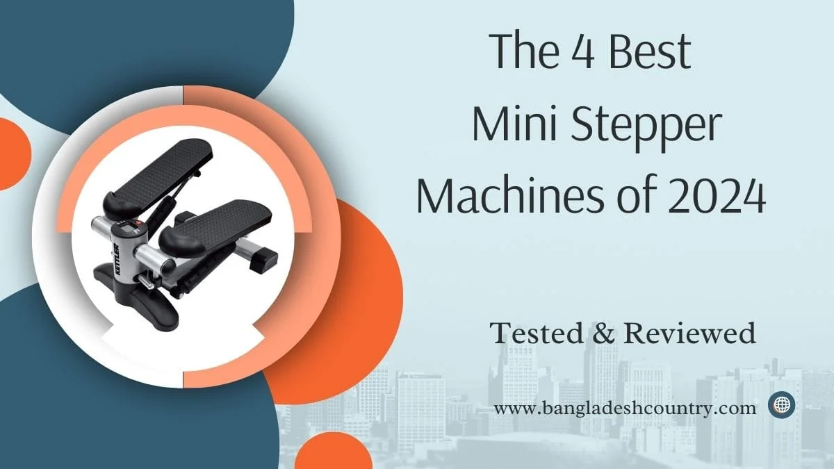 A Kettler mini stepper machine shown on a promotional banner with the title 'The 4 Best Mini Stepper Machines of 2024 - Tested & Reviewed', against a light blue background with a city skyline silhouette.