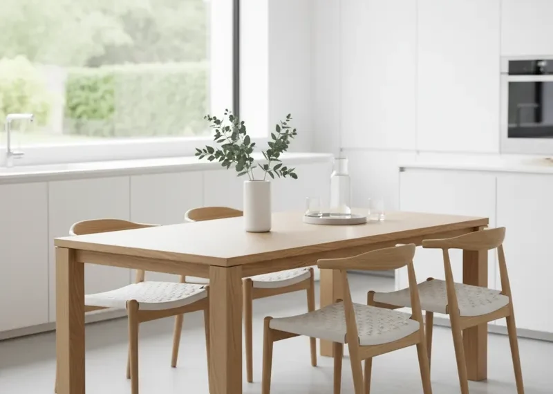 A modern minimalist kitchen table with a light wood top and sleek white legs, surrounded by matching chairs in a bright, uncluttered kitchen.