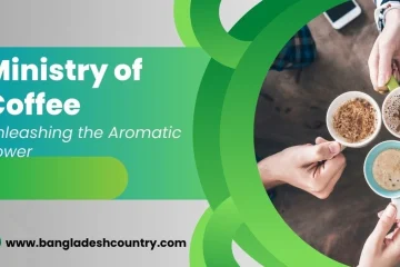 A promotional graphic for 'Ministry of Coffee' with the tagline 'Unleashing the Aromatic Power.' The image shows an overhead view of several hands holding different mugs of coffee over a wooden table.