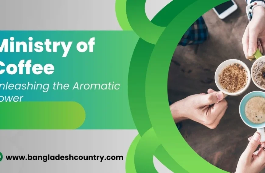 A promotional graphic for 'Ministry of Coffee' with the tagline 'Unleashing the Aromatic Power.' The image shows an overhead view of several hands holding different mugs of coffee over a wooden table.