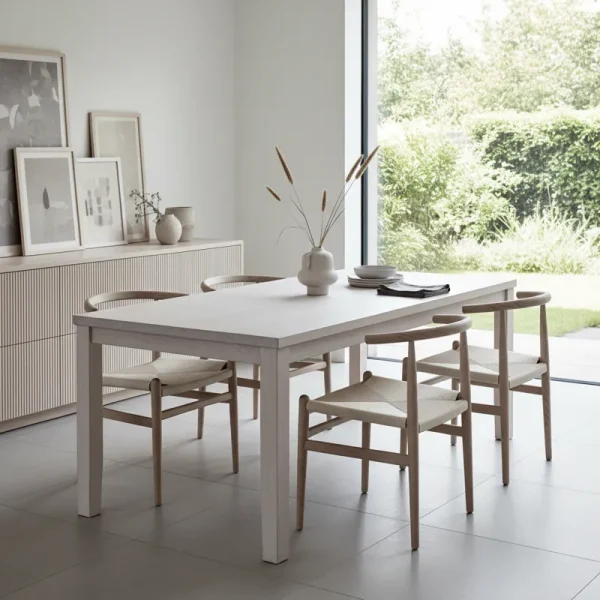Modern white oak dining table with sleek, minimalist design and light wood grain, perfect for contemporary dining rooms.