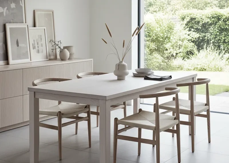 Modern white oak dining table with sleek, minimalist design and light wood grain, perfect for contemporary dining rooms.