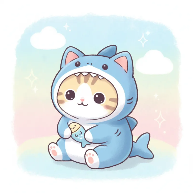 A cute, detailed illustration of the Mofusand cat, perhaps in its iconic shark costume, with a soft pastel background.