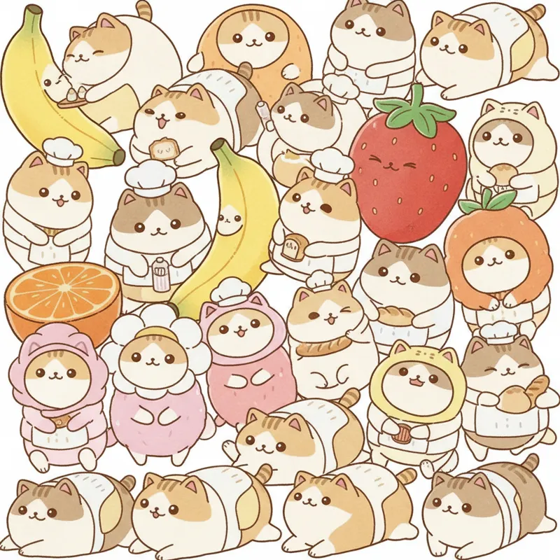 A vibrant collage of Mofusand cat merchandise, showing different poses and costumes (e.g., baker, fruit, flower), on a clean white background.