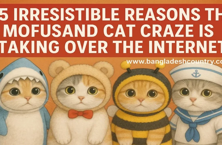 Four Mofusand cats in adorable costumes: a ginger cat in a blue shark outfit, a tabby cat in a brown bear costume with a red bow tie, a ginger cat in a yellow and black bumblebee suit, and a tabby cat in a blue and white sailor uniform. Above them, a red banner states '5 IRRESISTIBLE REASONS THE MOFUSAND CAT CRAZE IS TAKING OVER THE INTERNET!' and 'www.bangladeshcountry.com'.