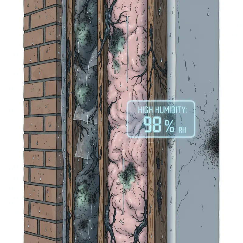 A detailed illustration of a cross-section of a house wall with condensation inside, showing mold growing on insulation and wood, with high humidity l