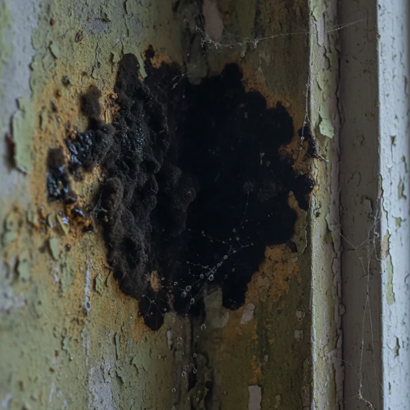 A close-up shot of a dark, fuzzy mold patch growing on a discolored drywall in a poorly lit corner of a room, emphasizing dampness and neglect.