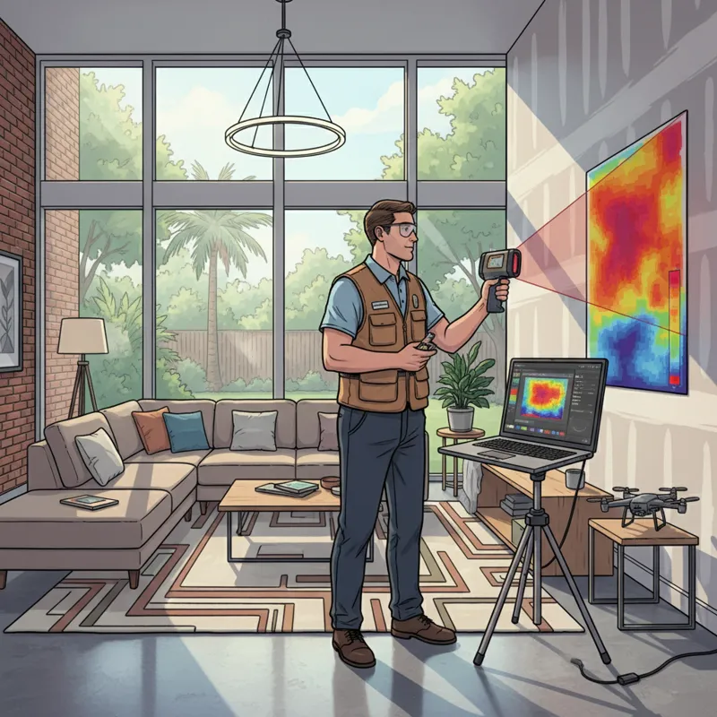 An inspector using a thermal camera to scan a wall, with a laptop displaying a heat map, in a modern Houston home living room.