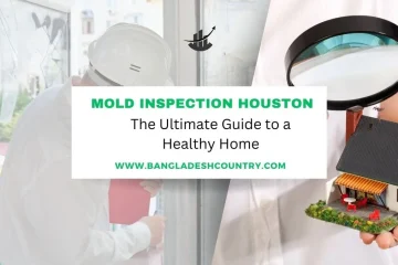 A graphic for 'Mold Inspection Houston' showing an inspector examining a damaged window on the left, and a hand holding a magnifying glass above a miniature house on the right, promoting a guide to a healthy home.