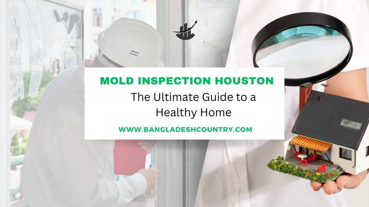 A graphic for 'Mold Inspection Houston' showing an inspector examining a damaged window on the left, and a hand holding a magnifying glass above a miniature house on the right, promoting a guide to a healthy home.