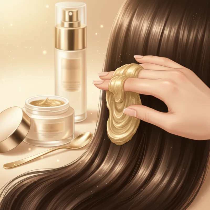 A luxurious, stylized image of a hand applying a rich hair mask to strands of healthy, shiny hair, with soft focus on premium packaging in the backgro