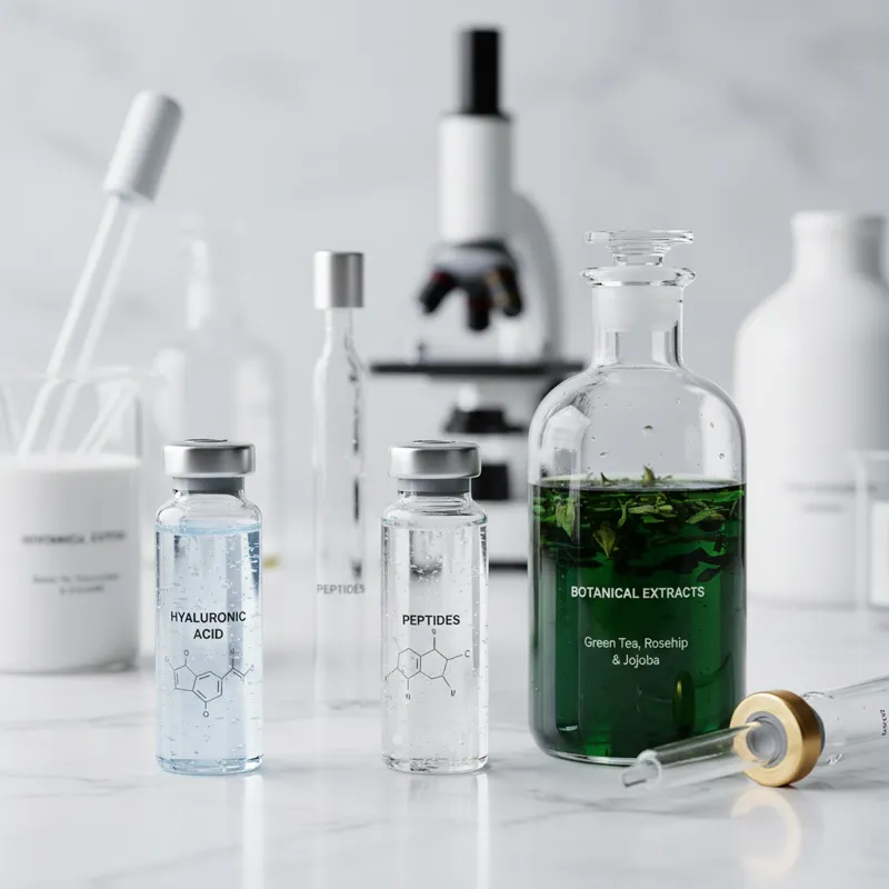 A close-up, studio shot of various high-quality cosmetic ingredients like peptides, hyaluronic acid, and botanical extracts, displayed in elegant glas