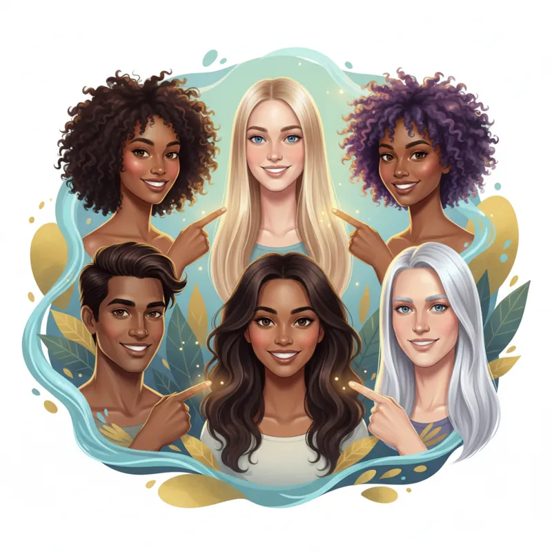 A diverse group of people showing different hair types and textures (curly, straight, fine, thick, colored, natural), illustrating various hair concer