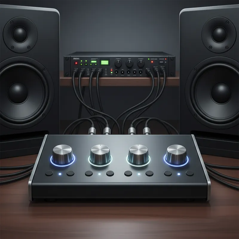 A sleek, modern monitor controller sits on a desk between two studio monitors, with cables neatly connected to an audio interface in the background. T