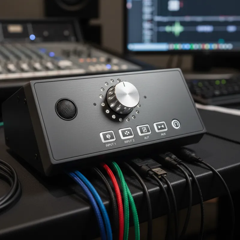 Close-up shot of a monitor controller's front panel, highlighting the volume knob, input/output selection buttons, and a talkback microphone. Cables a