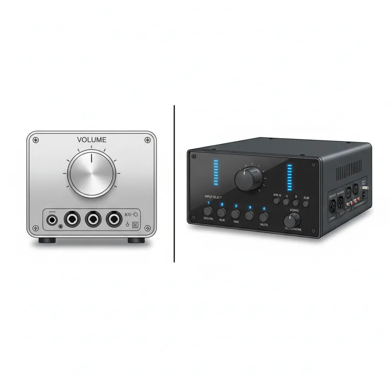 A split image showing two different monitor controllers. On the left, a simple passive unit with just a large volume knob and a few inputs. On the rig