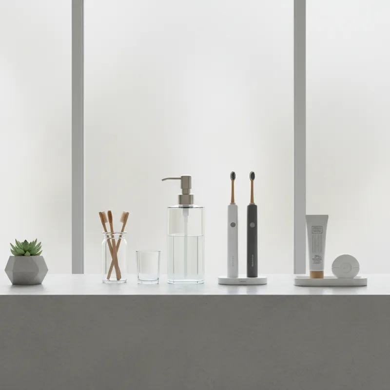 A sleek, modern bathroom counter with a stylish mouthwash dispenser, neatly organized alongside other oral hygiene products.