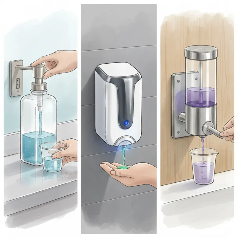 A collage showing different types of mouthwash dispensers: a manual pump dispenser, a touchless automatic dispenser, and a wall-mounted dispenser.
