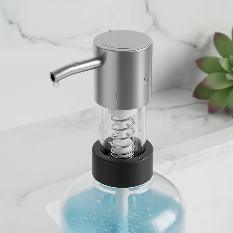 A detailed close-up shot of a mouthwash dispenser's pump mechanism, highlighting its material and design.