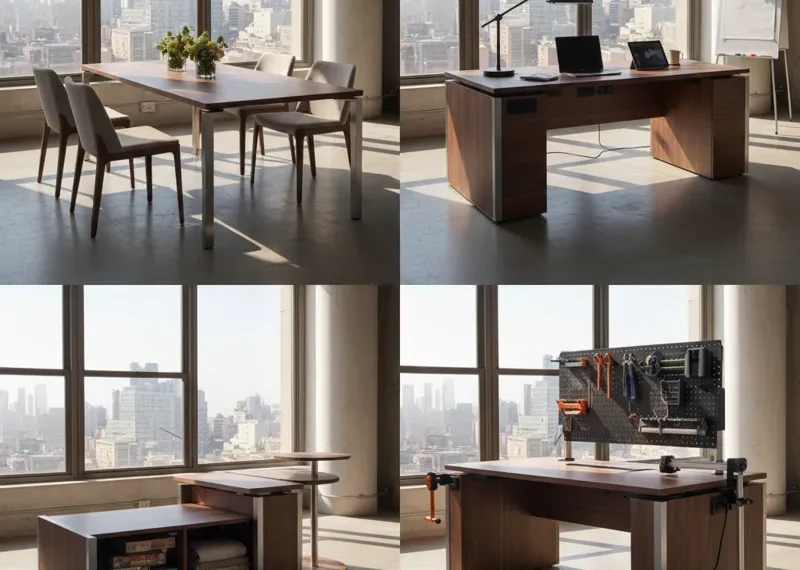 Multifunctional transforming table, ideal for small spaces, converting from coffee to dining table or desk