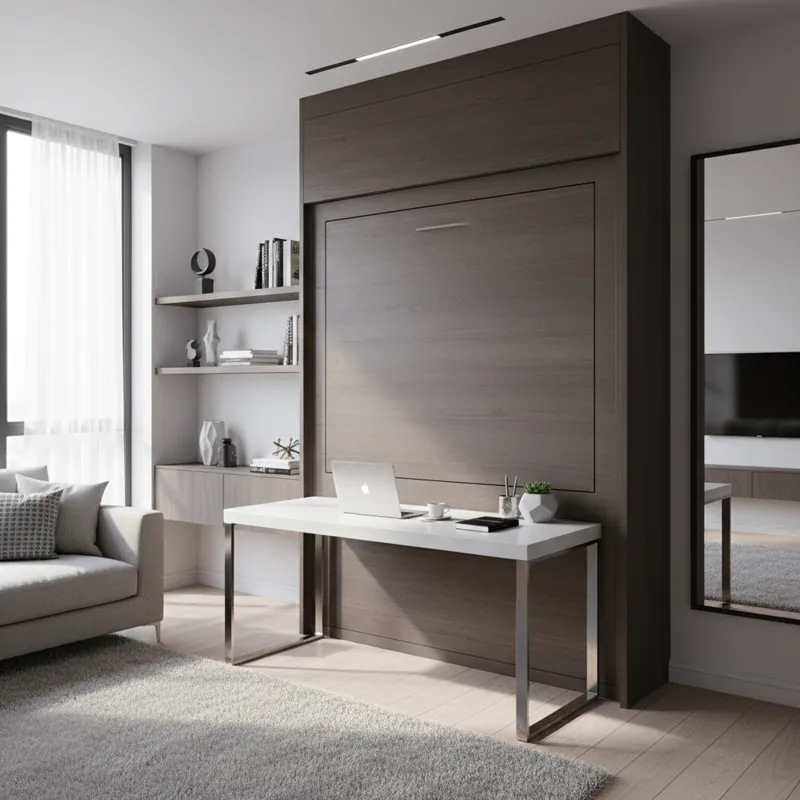 A sleek, modern room with a hidden Murphy bed and an integrated desk. The desk is set up with a laptop and minimal office supplies, and the room appea