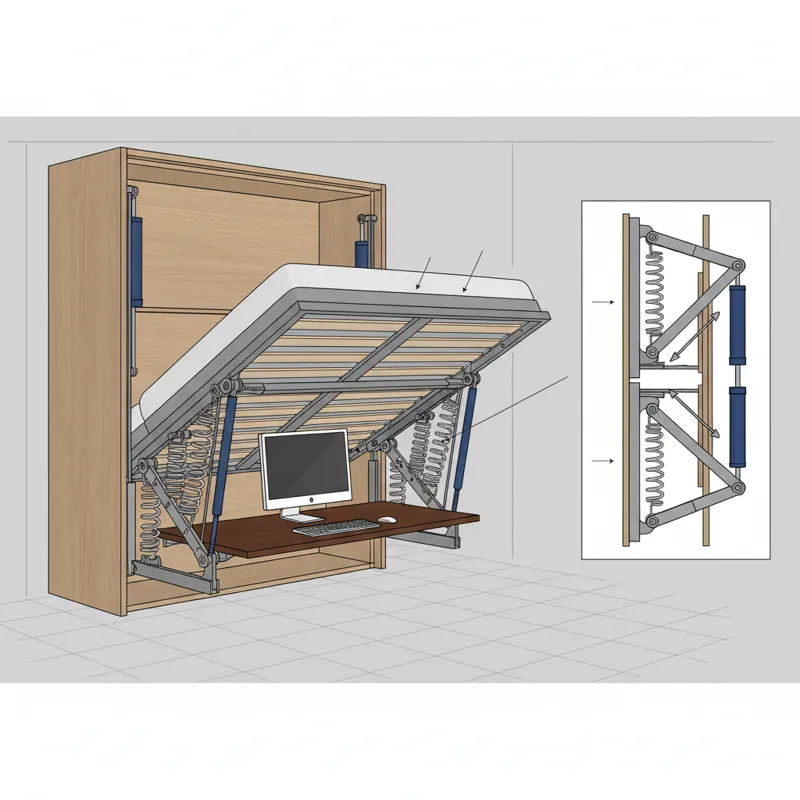 A detailed cutaway diagram illustrating the internal mechanism of a Murphy bed with a desk. Show the pivoting desk staying level as the bed is lowered