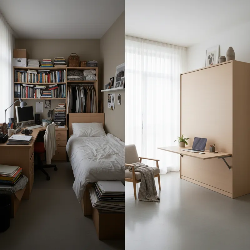 A split image showing one side as a cramped, traditional home office with a bed, and the other side as a spacious, minimalist room where a Murphy bed