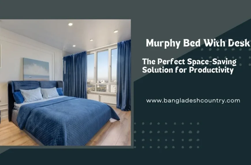 A split image featuring a modern bedroom with a blue bed and curtains on the left, and promotional text for 'Murphy Bed With Desk: The Perfect Space-Saving Solution for Productivity' on the right, alongside a website address.