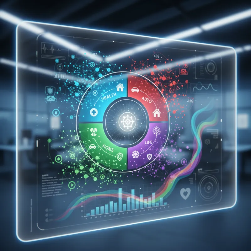 A digital dashboard displaying various insurance policies (health, auto, home, life) with different colors and clear data points, illustrating complex