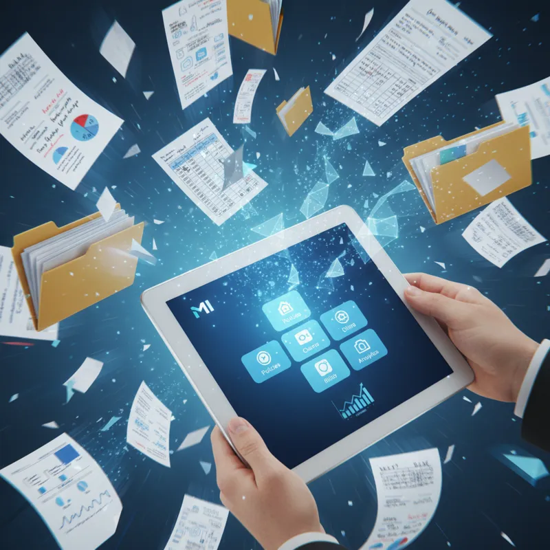 An animated graphic showing scattered paper documents and spreadsheets transforming into a sleek, organized digital interface on a tablet, representin