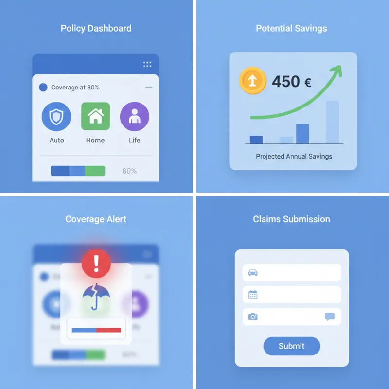 A multi-panel image showcasing different features: a dashboard with policy summaries, a graph showing potential savings, a pop-up alert for a coverage